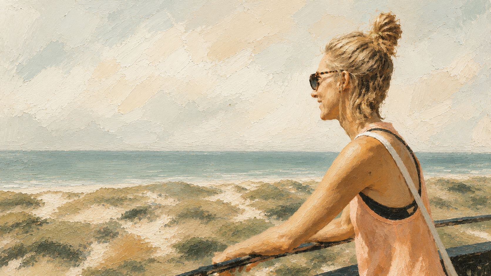 Aquarell – Frau blickt von Düne aufs Meer (Amrum)
